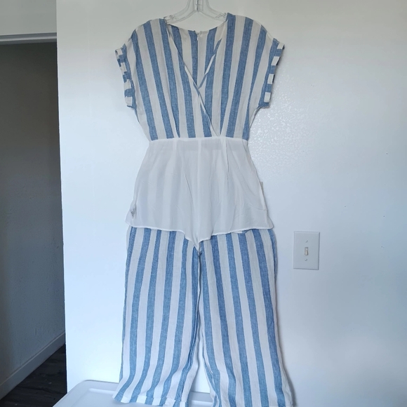 Miss Me jumpsuit Striped Linen White Blue pockets Summer Beach Vacation sz S - Picture 4 of 16